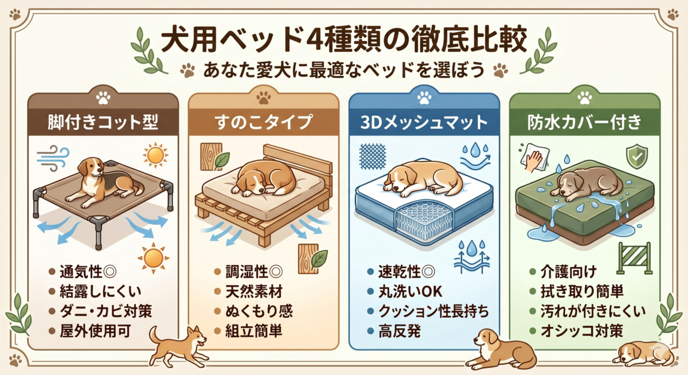 犬用ベッドの4種類の比較。各ベッドのメリット図解