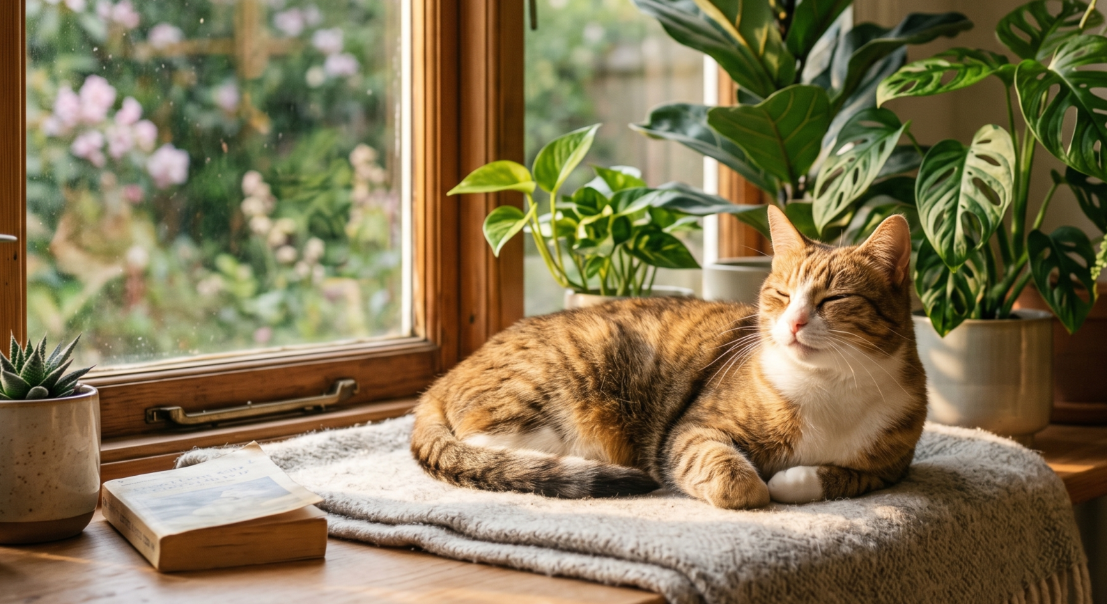 窓辺の暖かい日差しの下で、目を細めてリラックスしている可愛い猫。背景には観葉植物があり、穏やかでプロフェッショナルな雰囲気の写真。