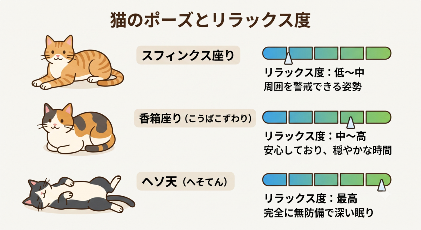 スフィンクス座り、香箱座り、ヘソ天のイラストを並べ、それぞれの横にリラックス度を示すメーターを配置したインフォグラフィック。