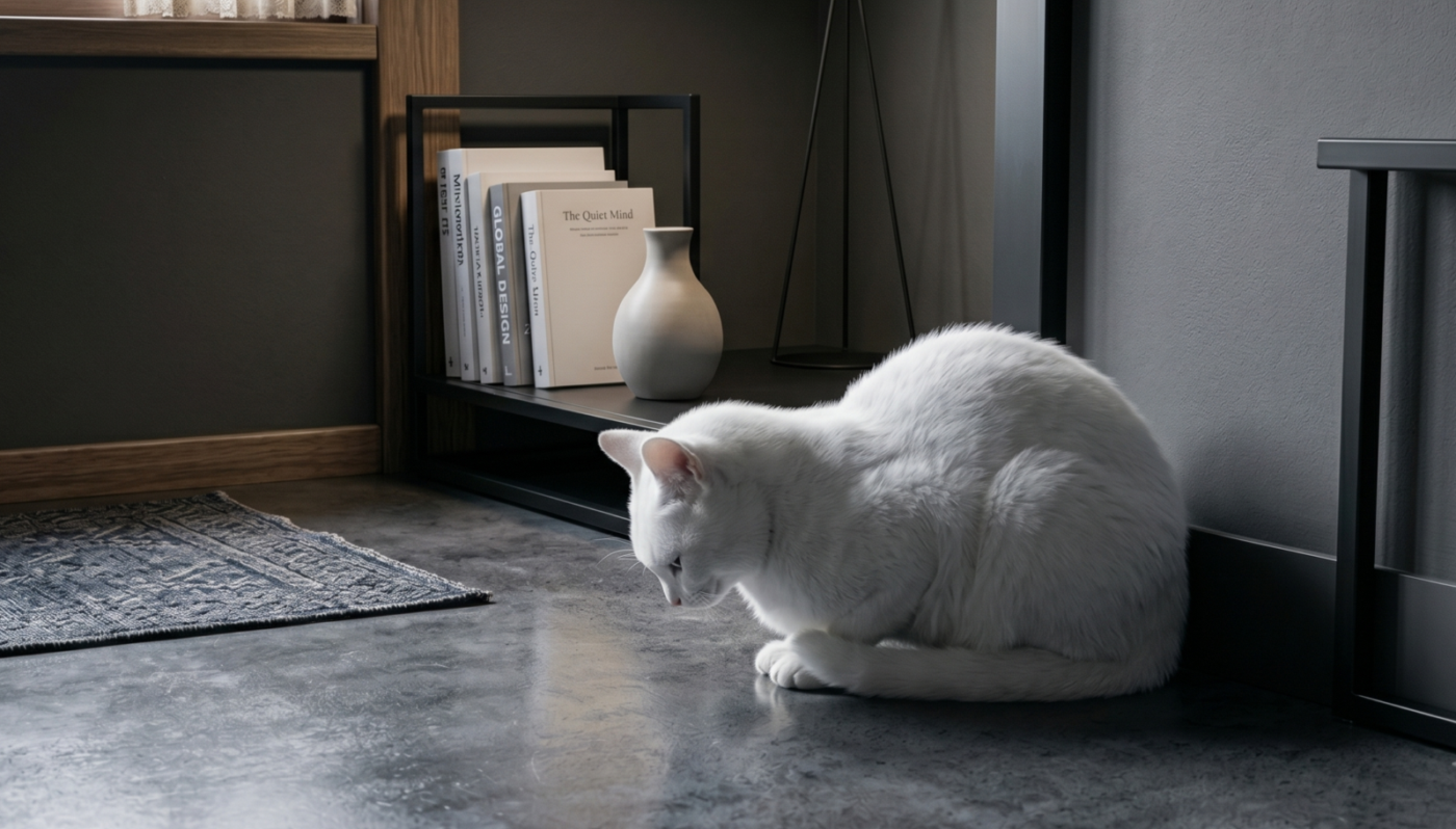 部屋の隅の少し薄暗い場所で、うずくまるようにしてじっと動かない猫の様子。心配そうな雰囲気が伝わる一枚。