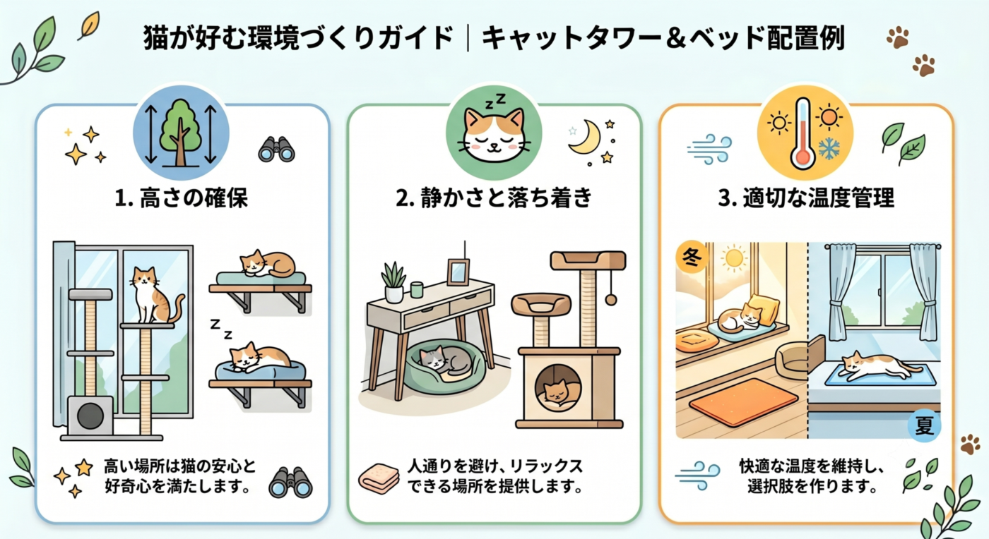 高さ、静かさ、温度の3つのアイコンを配置し、それぞれの条件を満たしたキャットタワーやベッドの配置例を示したインフォグラフィック。