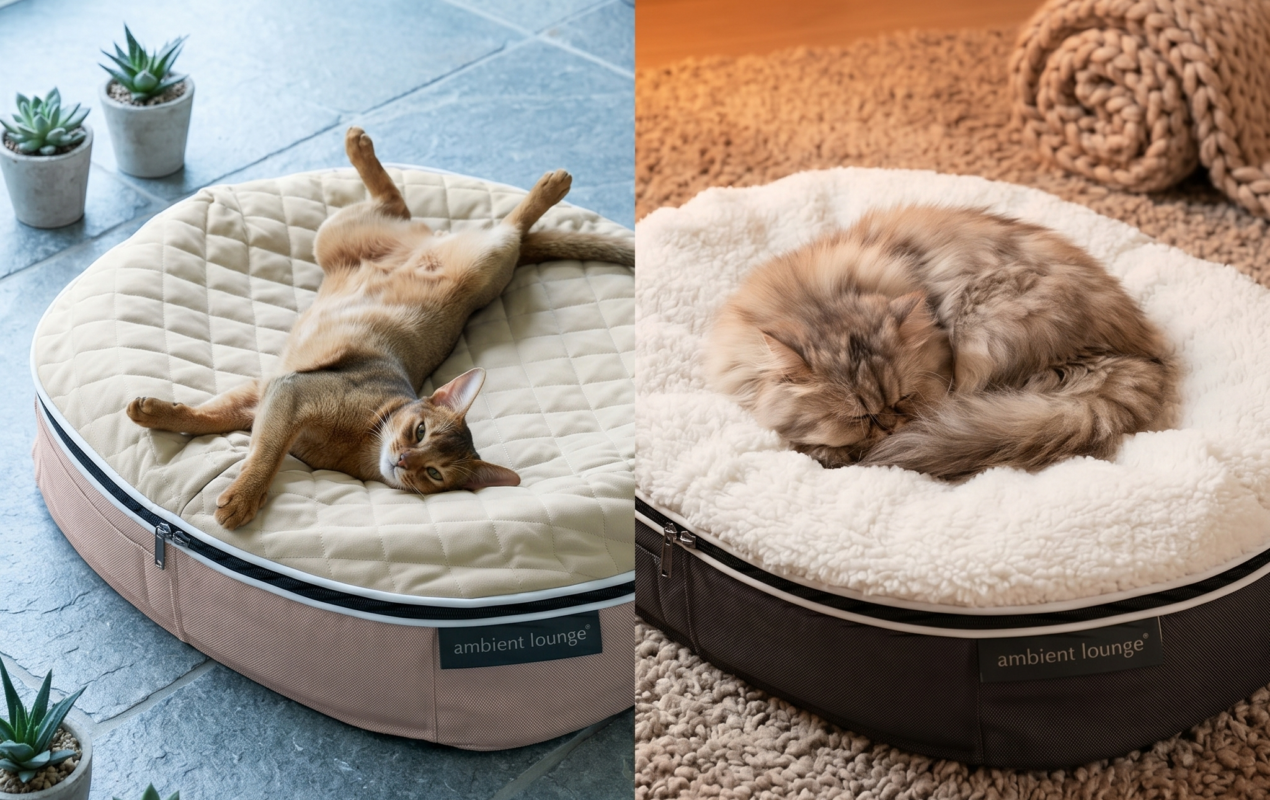 夏用の接触冷感マットで涼む猫と、冬用のふわふわなドーム型ベッドに潜り込む猫を対比させた写真またはイラスト。