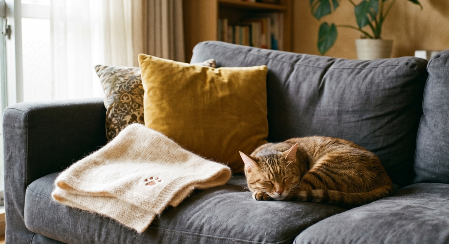 人間用の大きなソファのど真ん中を陣取って眠る猫と、その横に置かれた猫専用の心地よいブランケットの写真。