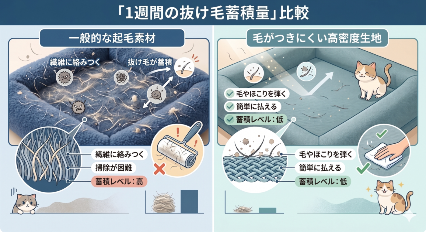 一般的な起毛素材と毛がつきにくい高密度生地での「1週間の抜け毛蓄積量」を比較したインフォグラフィック。