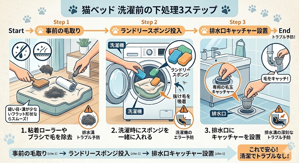 「洗濯前の下処理3ステップ(ブラッシング→ランドリースポンジ投入→排水口キャッチャー設置)」をまとめた図解。