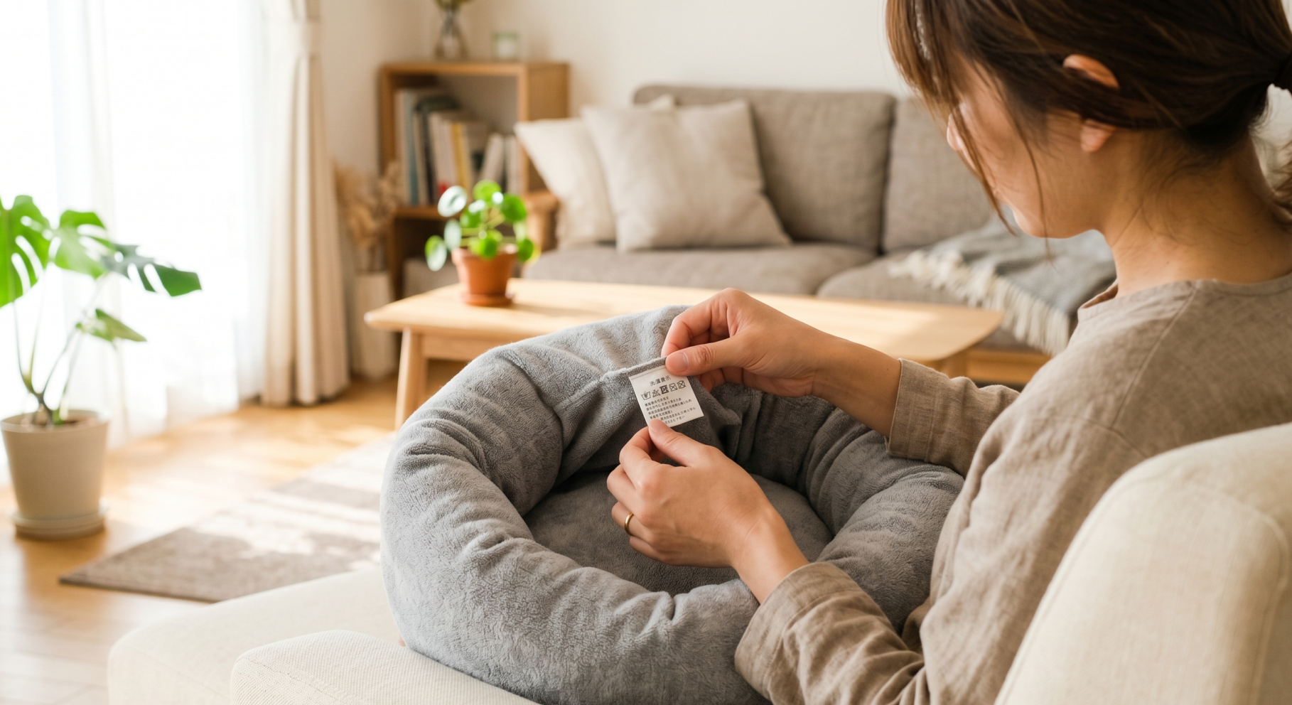 洗濯表示のタグがついた猫ベッドを優しく手に取って確認している様子。自然光が差し込む明るく清潔感のあるリビングルーム。