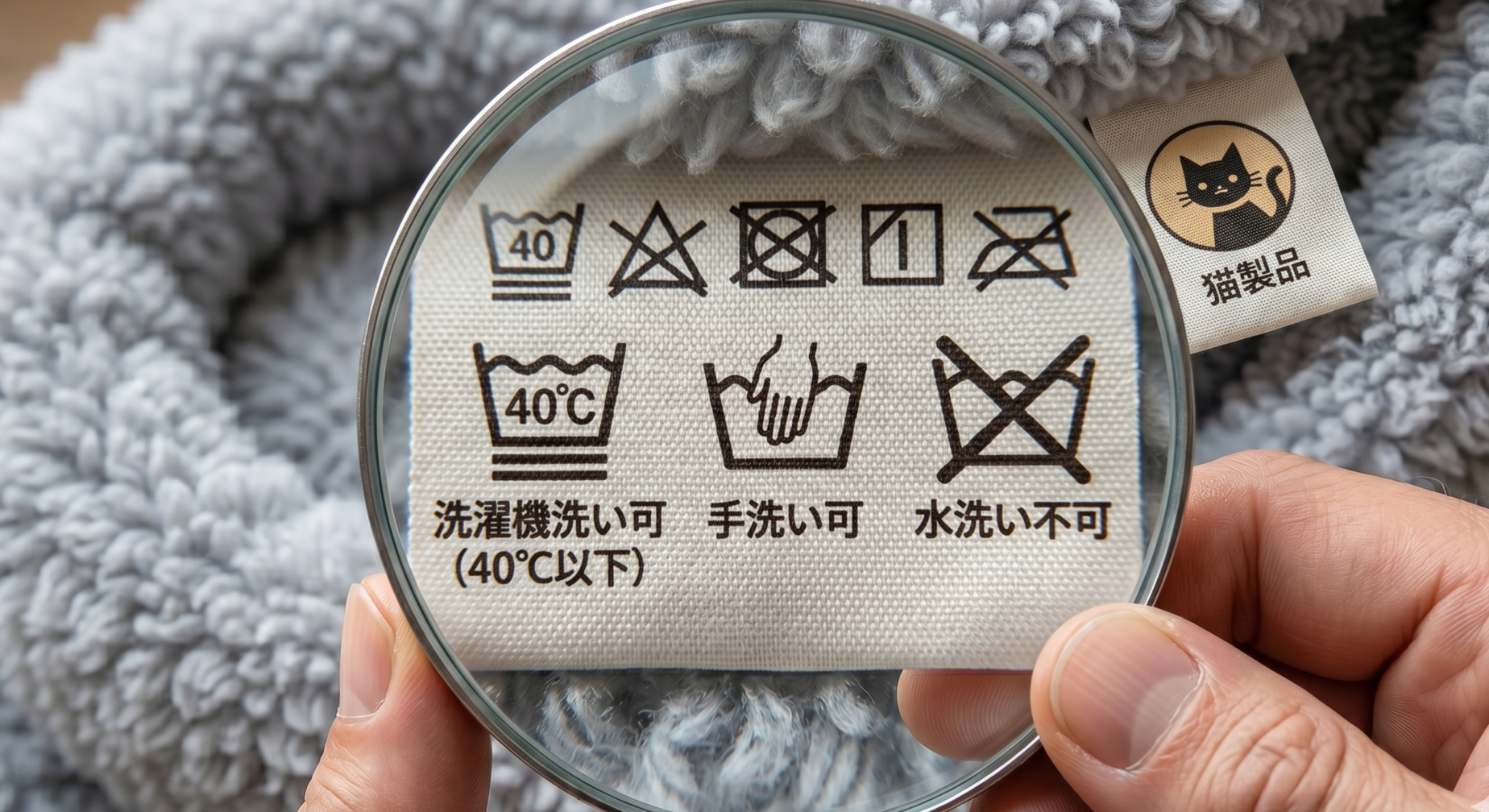 猫ベッドの洗濯表示タグを拡大したイラスト。洗濯機マークや手洗いマーク、水洗い不可マークが分かりやすく描かれている。