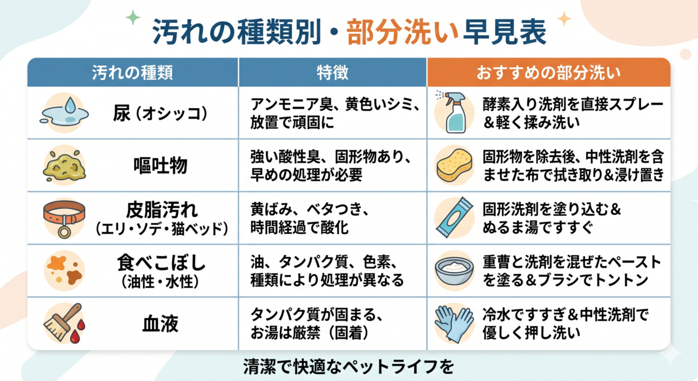 汚れの種類別・部分洗いの早見表(尿、嘔吐物、皮脂汚れなど)をまとめたインフォグラフィック。