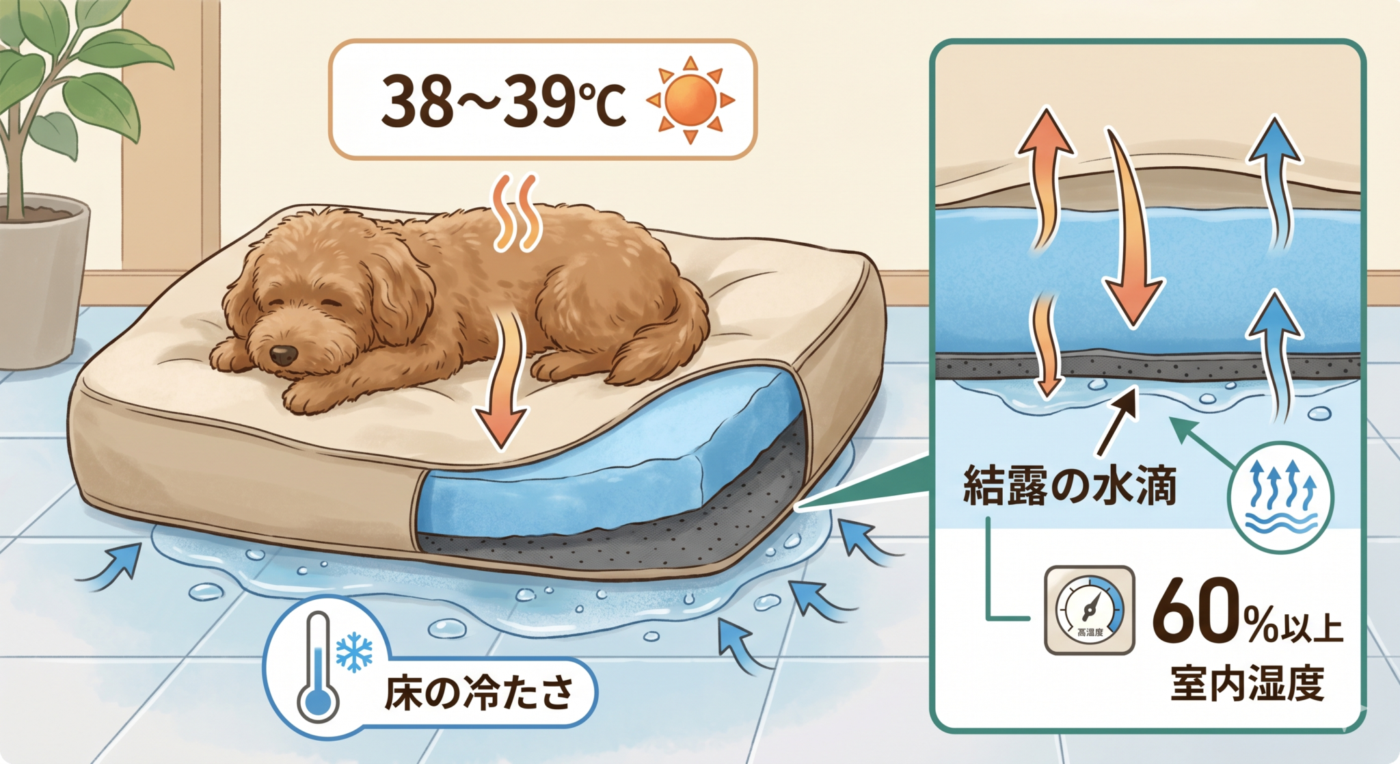 犬用ベッドの断面図。床との接地面に湿気がたまる様子を示した図解