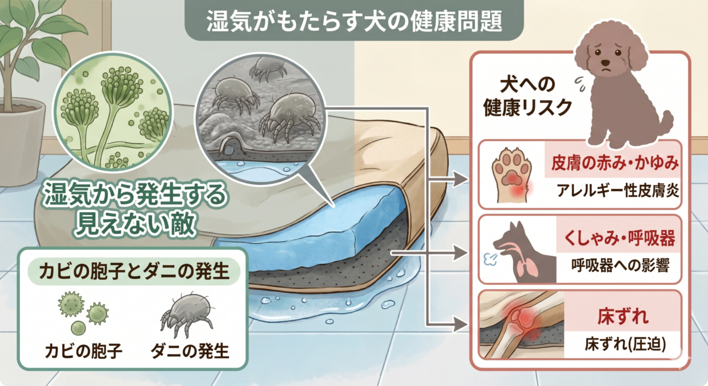 犬用ベッドの断面図。湿気がたまりダニの発生が現れる図解