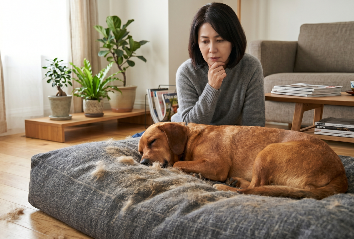 犬が横たわっている洗濯前のベッドのクローズアップ。ベッドの表面には抜け毛や皮脂汚れが見える状態。背景にはリビングの一角が見え、飼い主が困った様子で観察している様子。