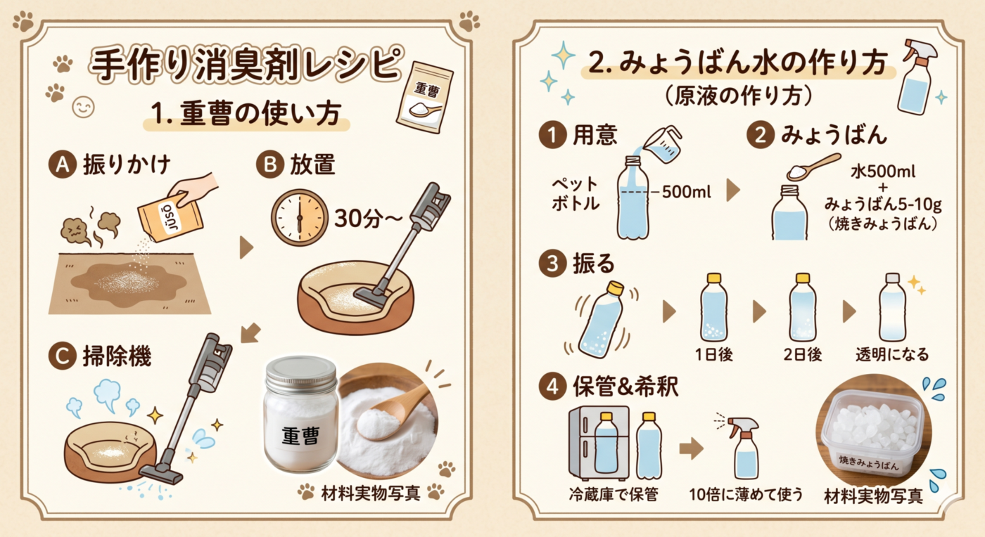 手作り消臭剤レシピカード風の画像。重曹の使い方(振りかけ→放置→掃除機)とみょうばん水の作り方(水500ml+みょうばん5-10g)をステップバイステップで図解。材料の実物写真付き。