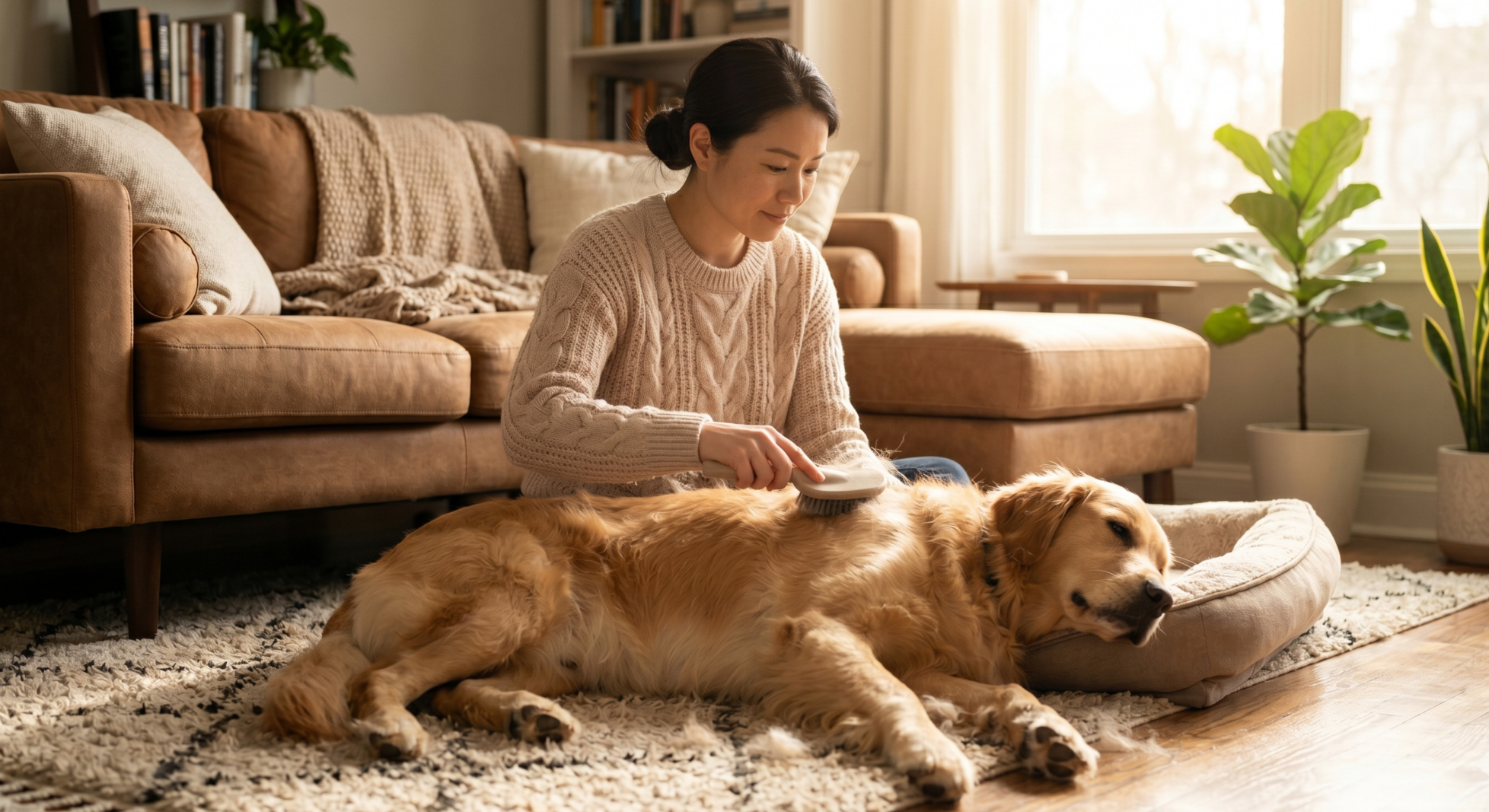 飼い主が犬をブラッシングしている温かいシーン。リビングのソファやラグの上で、ブラシを使って丁寧に毛をとかしている様子。犬は気持ちよさそうにリラックスしている。自然光が差し込む明るい室内。
