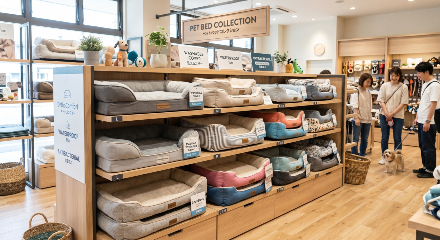 清潔で機能的なペットベッドが並んでいるインテリアショップやペット用品店の陳列風景。洗えるカバー、防水・抗菌加工のタグ、さまざまなサイズやデザインのベッドが見やすく配置されている。明るくおしゃれな雰囲気。