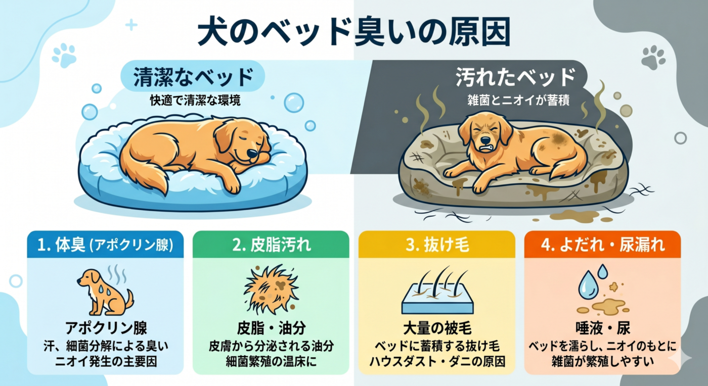 臭いの原因を図解したインフォグラフィック。体臭(アポクリン腺)、皮脂汚れ、抜け毛、よだれ・尿漏れの4つの原因をアイコンと簡潔なテキストで視覚化。