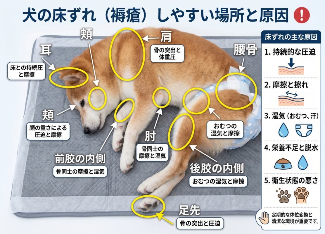 老犬の床ずれ(褥瘡)が発生しやすい部位と原因をまとめたイラスト。肩・肘・腰・足先など圧力がかかりやすい箇所と床ずれ予防のポイントを解説。